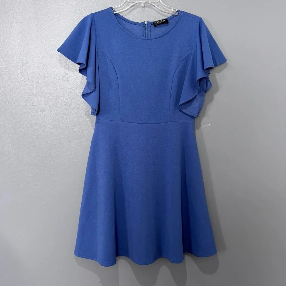 OTEN Skater Dress Women Med Blue Crepe Flutter Sleeve Fit Flare Cocktail Party